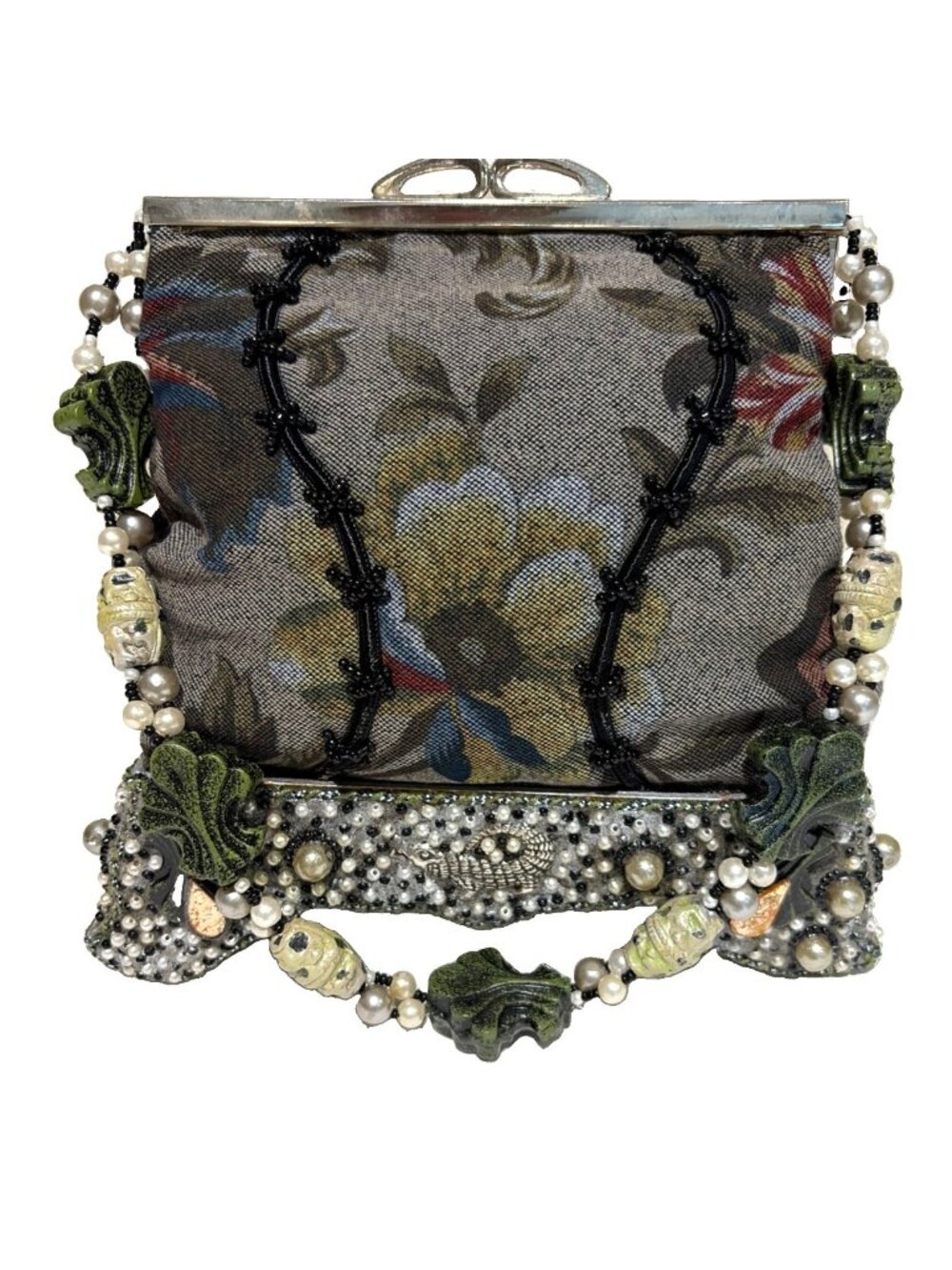 Vintage Mary Frances Beaded Evening Bag Metal Base & Frame Floral Tapestry RARE